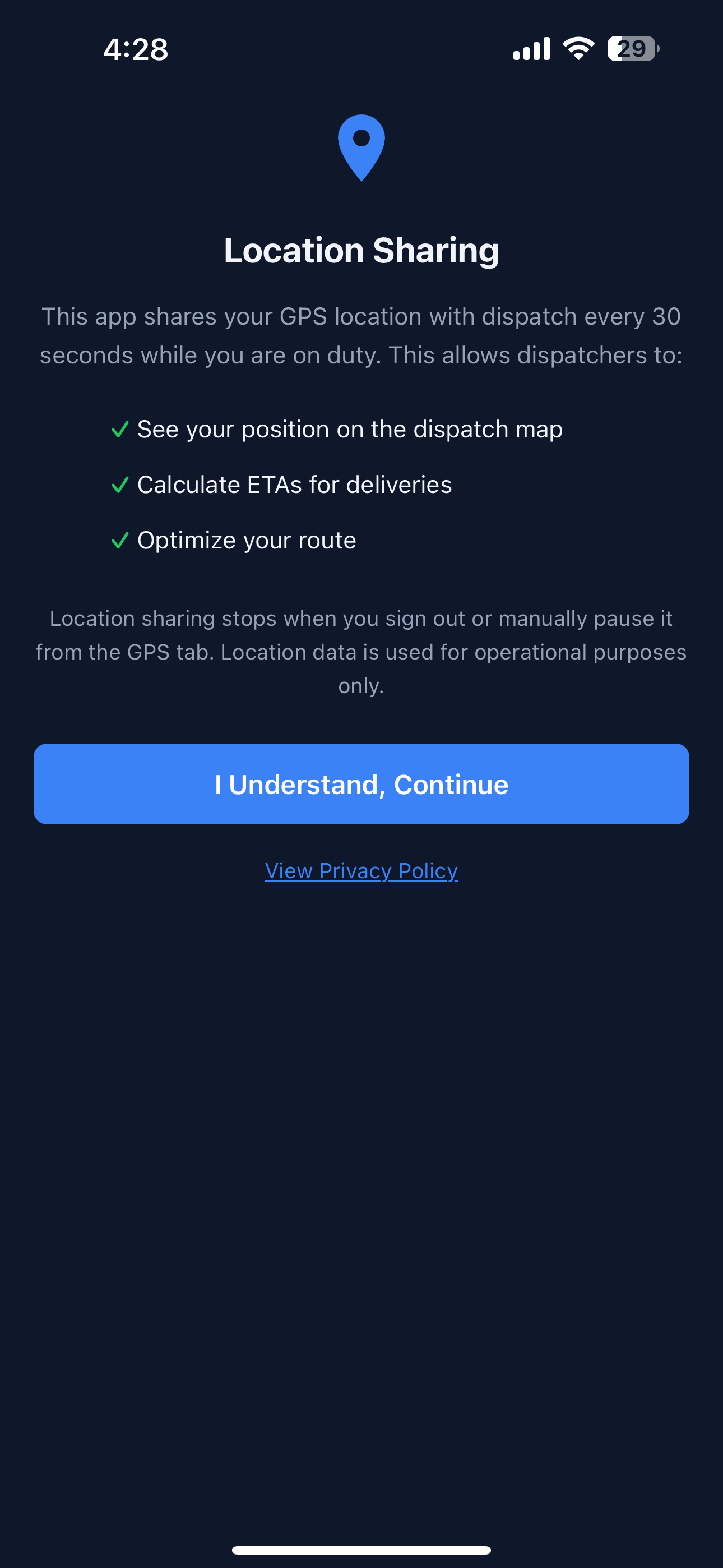 Standortfreigabe-Zustimmungsbildschirm, der das 30-Sekunden-GPS-Intervall, die Disposition-Karte, ETA-Berechnung und Routenoptimierung erklärt.