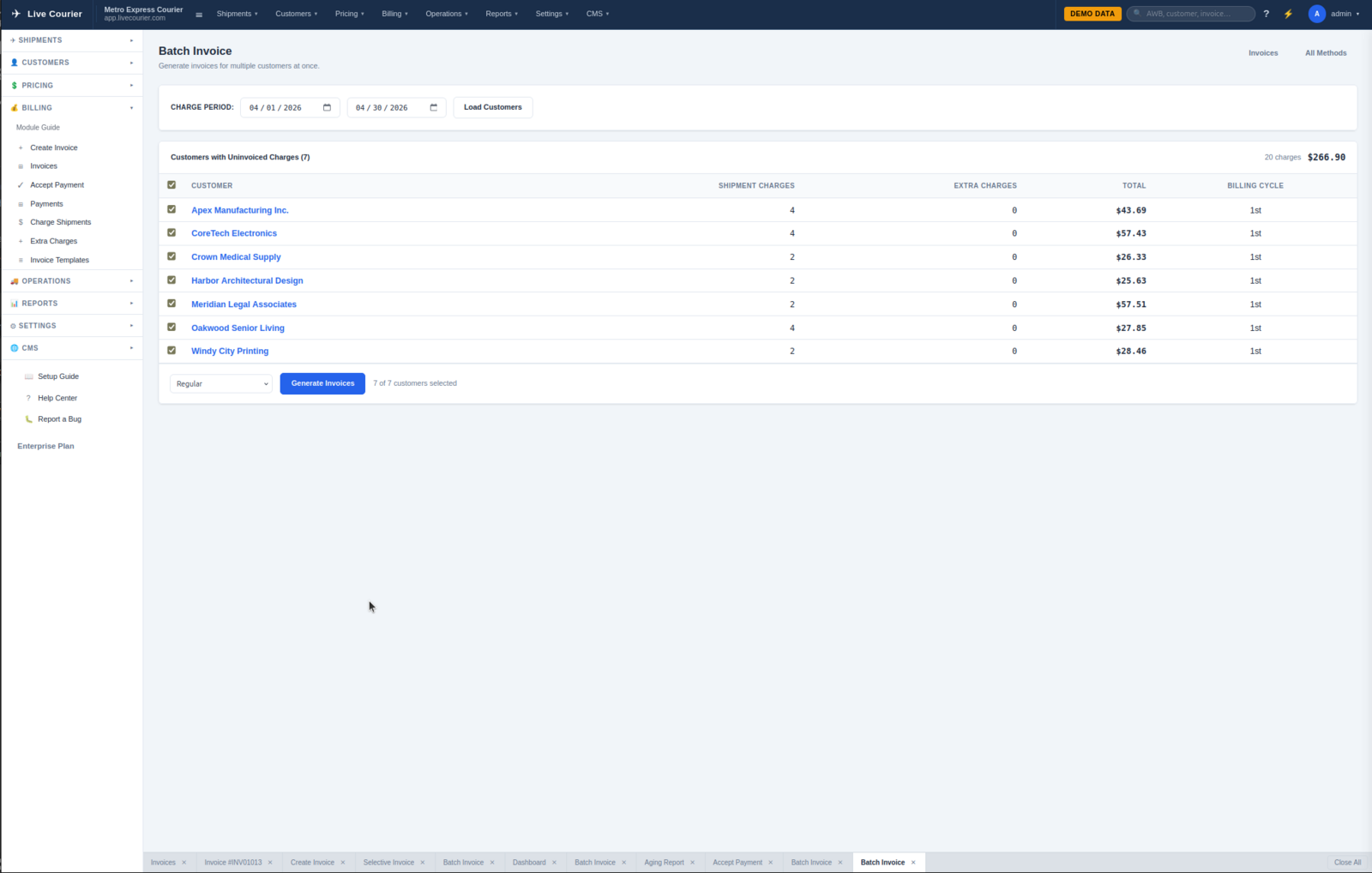 Серијски генератор фактура са датумима, избором клијента и прегледом.