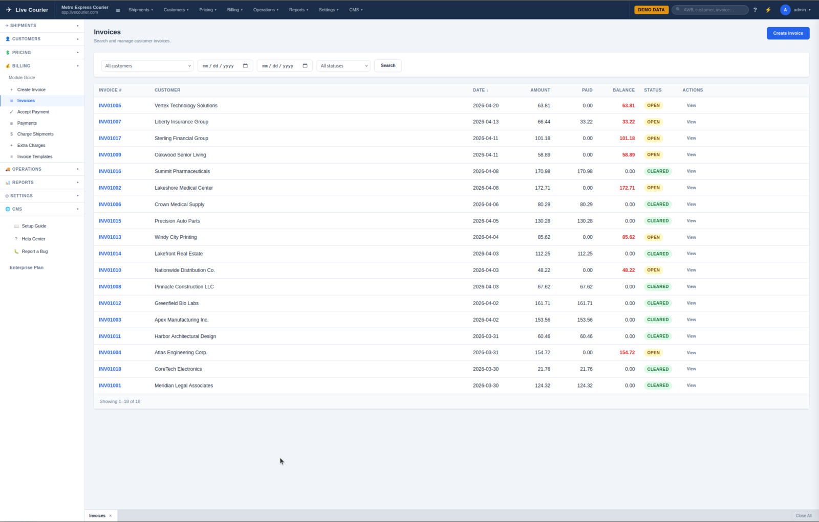Списак фактура са статусним филтрима, претрагом клијента и изузетим укупним бројевима.