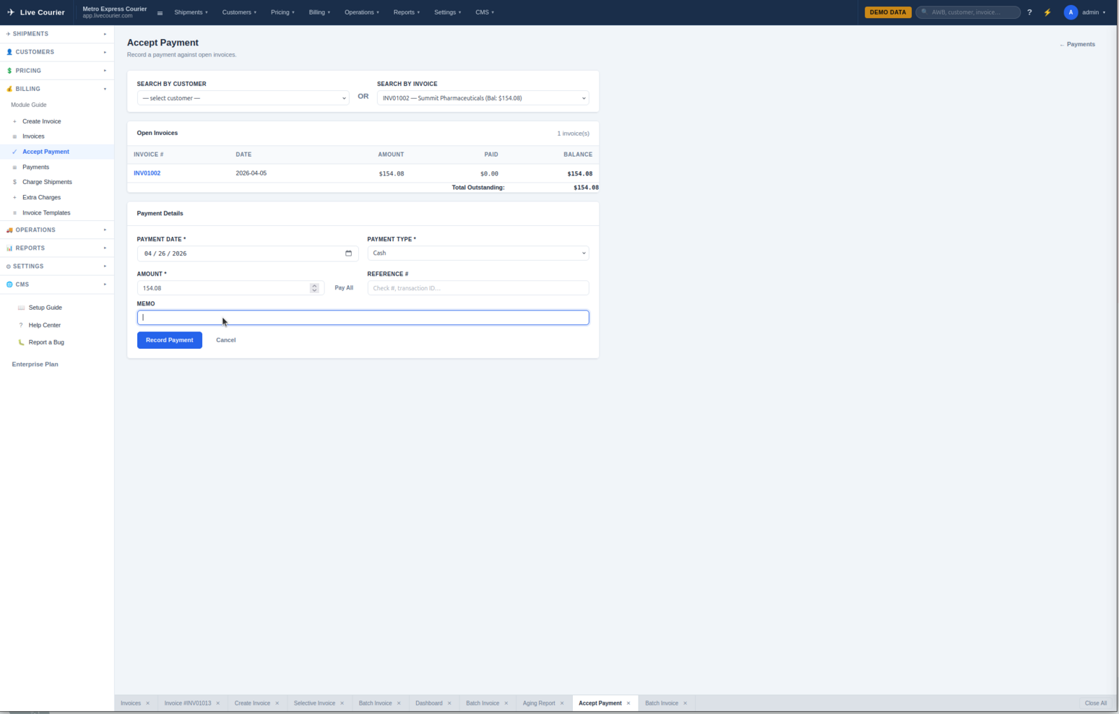 Формулар за евиденцију плаћања са врстом, износом и избором фактуре.