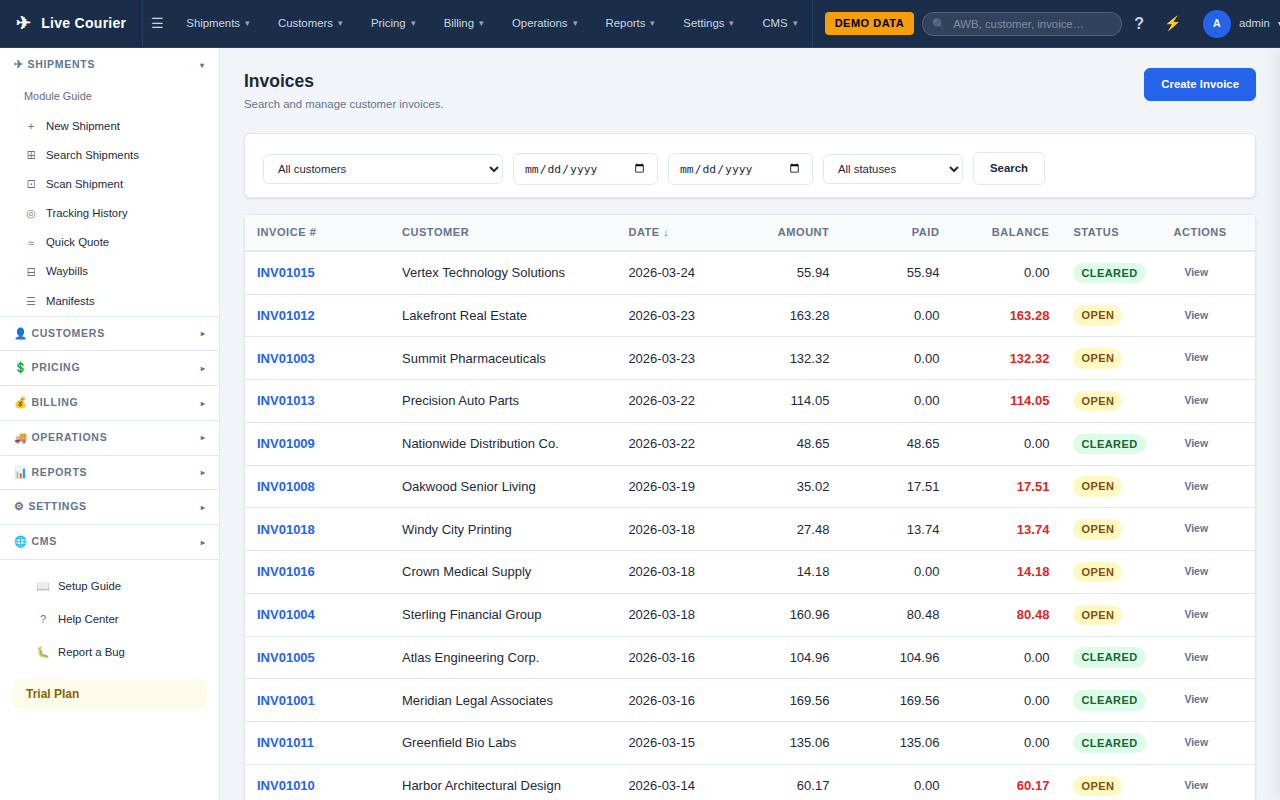 Fakturace LiveCourier s automatickým výpočtem poplatků, fakturami PDF a sledováním plateb