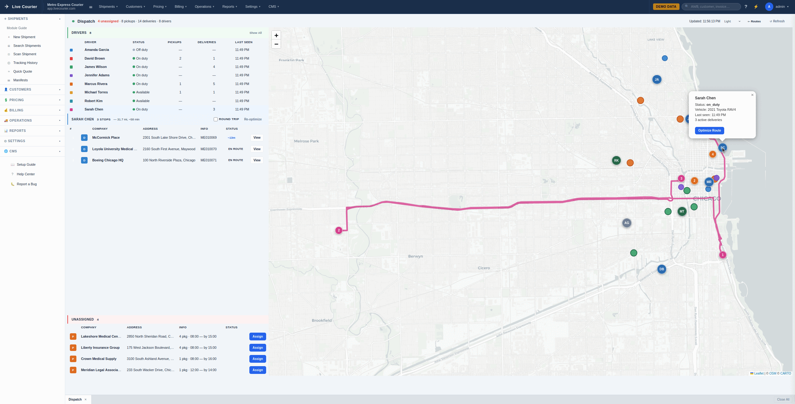Dispečink LiveCourier s optimalizací trasy, číslovanými zastávkami a živým sledováním řidiče.