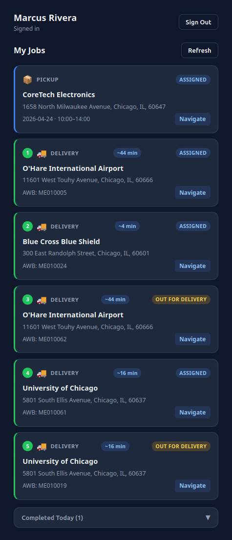 Aplikace řidiče LiveCourier zobrazující seznam úloh s čísly zastávek, odznaky ETA a tlačítko pro navigaci.