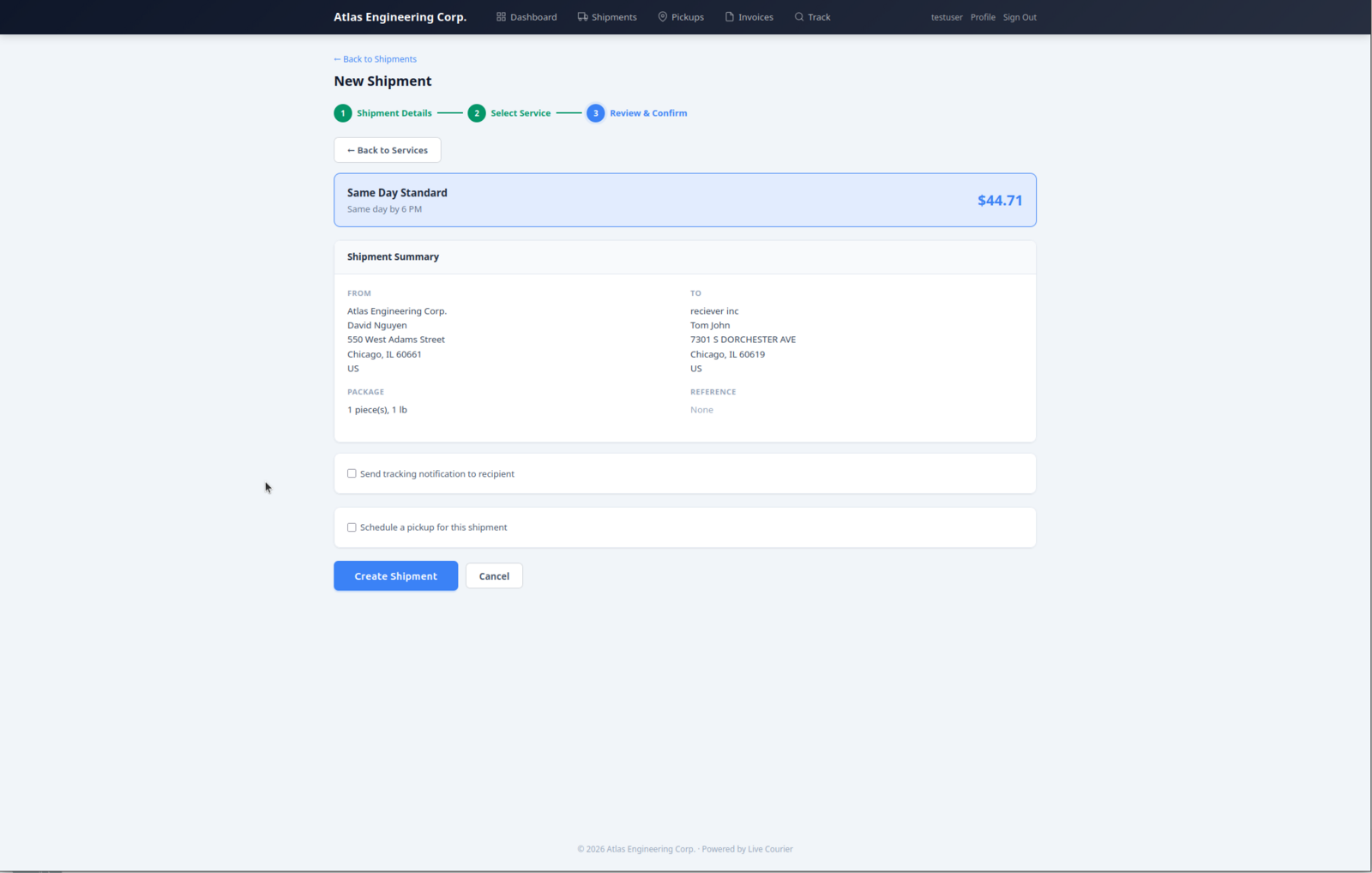 Третиот чекор на волшебникот за пратки: преглед, потврда, опционално преземање и известување до примачот.