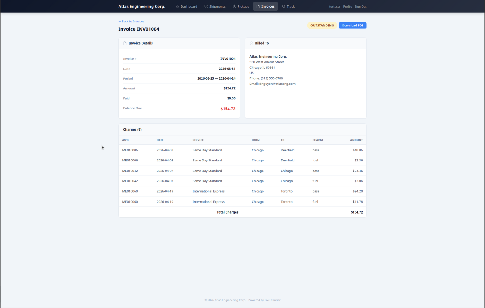 Фактура детали со сметка-на, рамнотежа поради, и линија по линија трошоци.