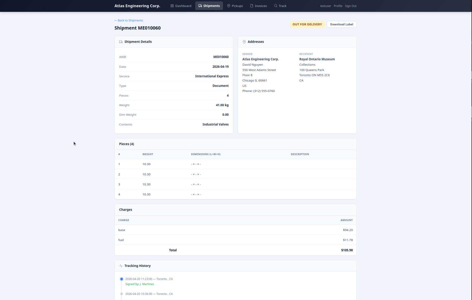 Детална страница за пратката со адреси, парчиња, трошоци и историја на следење.