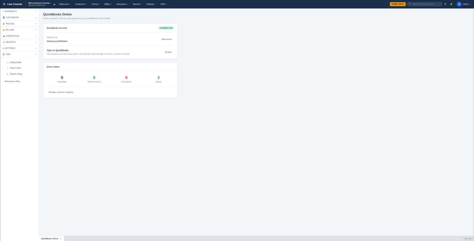 Integração com o QuickBooks Online mostrando uma conta conectada e uma fila de sincronização de clientes, faturas e pagamentos