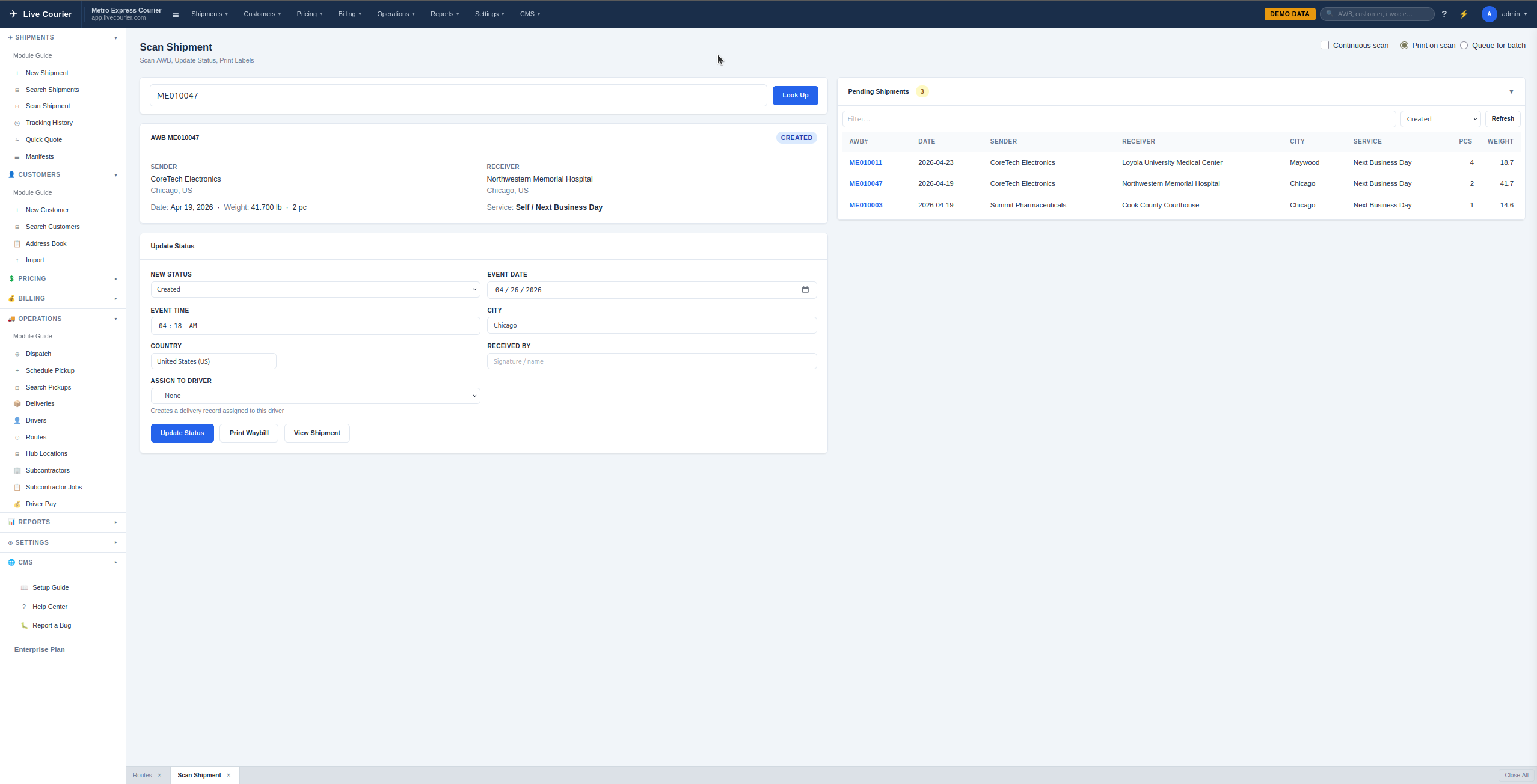 Скенирајте го екранот на пратката со AWB пребарување, форма за ажурирање на статусот и редица за чекање на испорака.